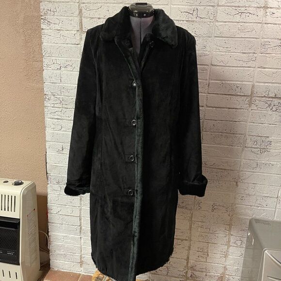 Vintage Leather/Fur Black Full Length Coat Black L - Picture 2 of 7